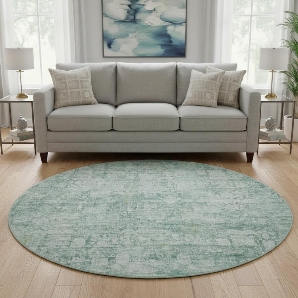HomeRoots 8' Teal And Ivory Oriental Round Rug - Stain Resistant, UV Protected, Non-Slip for High-Traffic Areas 700664