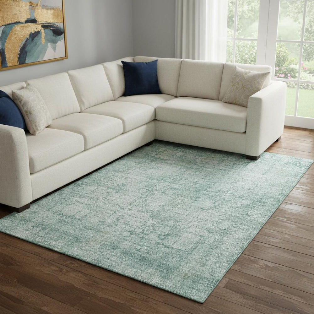 HomeRoots 8' X 10' Teal & Ivory Oriental Area Rug - Washable, Stain-Resistant, UV-Protected for Any Space 700665