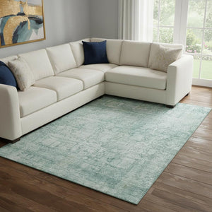 HomeRoots 8' X 10' Teal & Ivory Oriental Area Rug - Washable, Stain-Resistant, UV-Protected for Any Space 700665