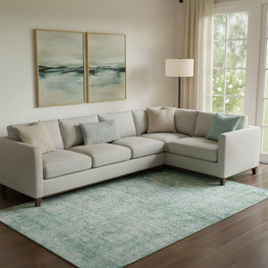 HomeRoots 9' X 12' Teal & Ivory Oriental Area Rug - Washable, UV-Protected, Stain-Resistant for High-Traffic Spaces 700666