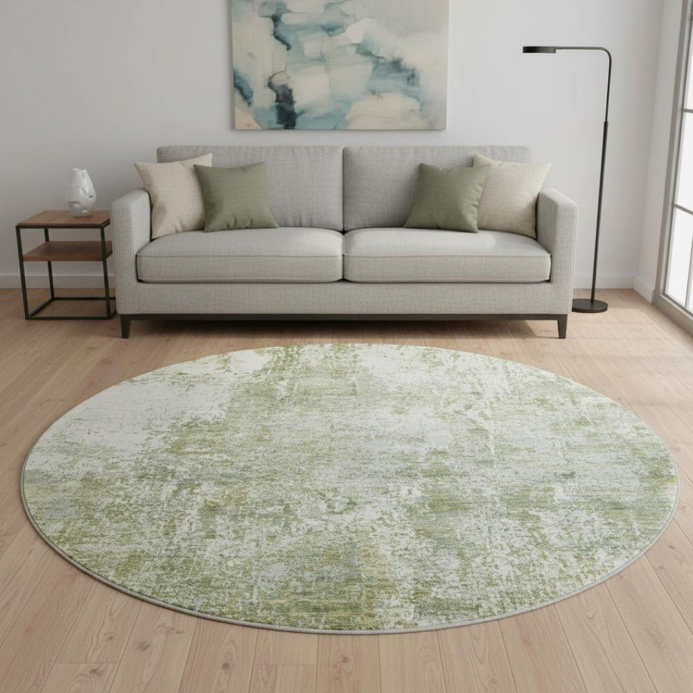 HomeRoots 8' Artichoke Green & Ivory Abstract Washable Round Rug with UV Protection for Modern Living Spaces 700670