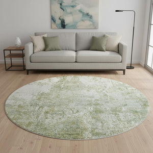 HomeRoots 8' Artichoke Green & Ivory Abstract Washable Round Rug with UV Protection for Modern Living Spaces 700670