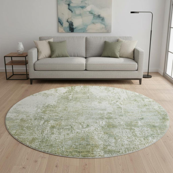 HomeRoots 8' Artichoke Green & Ivory Abstract Washable Round Rug with UV Protection for Modern Living Spaces 700670