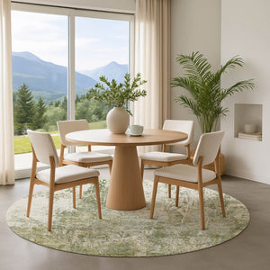HomeRoots 8' Artichoke Green & Ivory Abstract Washable Round Rug with UV Protection for Modern Living Spaces 700670