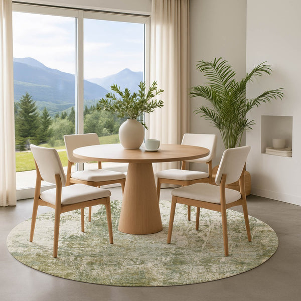 HomeRoots 8' Artichoke Green & Ivory Abstract Washable Round Rug with UV Protection for Modern Living Spaces 700670