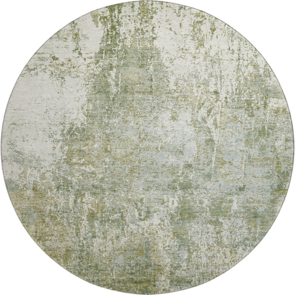 HomeRoots 8' Artichoke Green & Ivory Abstract Washable Round Rug with UV Protection for Modern Living Spaces 700670