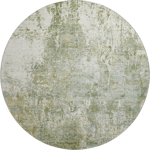 HomeRoots 8' Artichoke Green & Ivory Abstract Washable Round Rug with UV Protection for Modern Living Spaces 700670