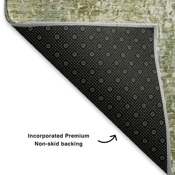 HomeRoots 8' Artichoke Green & Ivory Abstract Washable Round Rug with UV Protection for Modern Living Spaces 700670