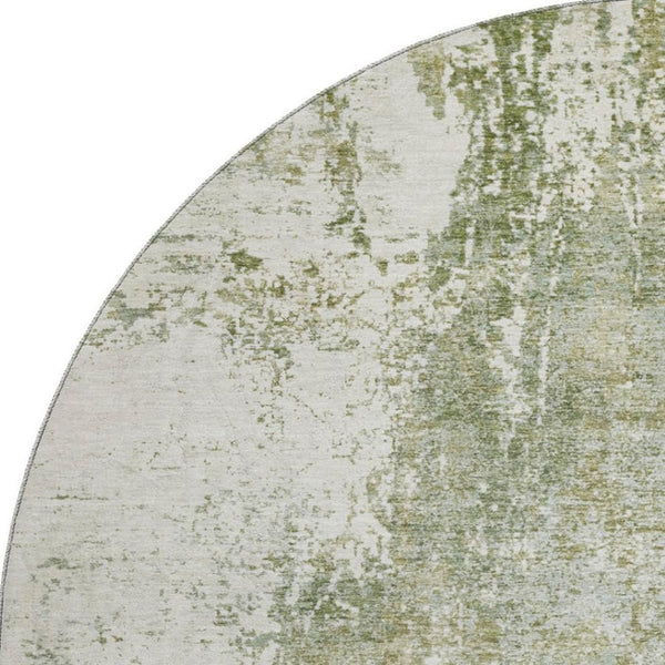 HomeRoots 8' Artichoke Green & Ivory Abstract Washable Round Rug with UV Protection for Modern Living Spaces 700670