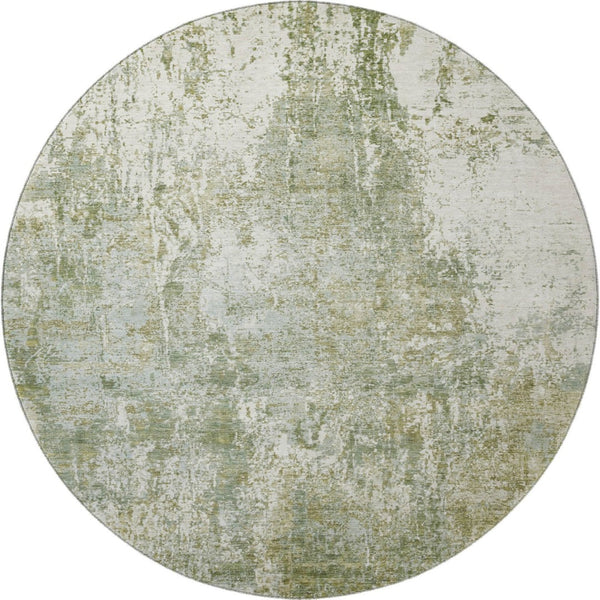 HomeRoots 8' Artichoke Green & Ivory Abstract Washable Round Rug with UV Protection for Modern Living Spaces 700670