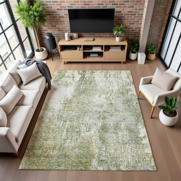 HomeRoots 9' X 12' Artichoke Green Abstract Area Rug - Stylish, Washable, Stain-Resistant, UV Protected Decor 700672
