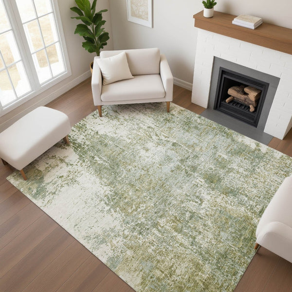 HomeRoots 10' X 14' Artichoke Green Abstract Washable Area Rug - Stylish, Durable, UV-Protected & Stain-Resistant 700673
