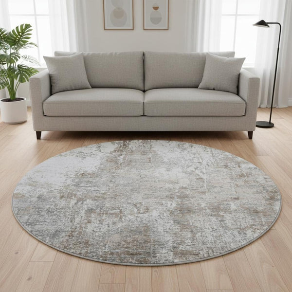 HomeRoots 8' Brown And Ivory Abstract Round Rug - Washable, Stain-Resistant, UV Protected for Active Homes 700676