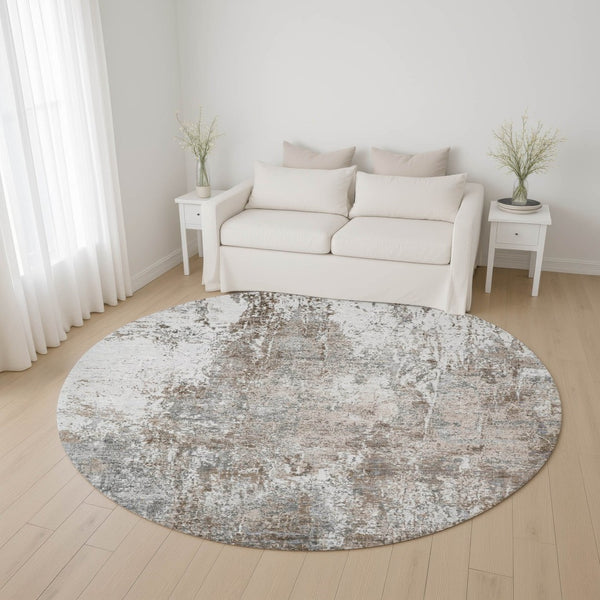 HomeRoots 8' Brown And Ivory Abstract Round Rug - Washable, Stain-Resistant, UV Protected for Active Homes 700676
