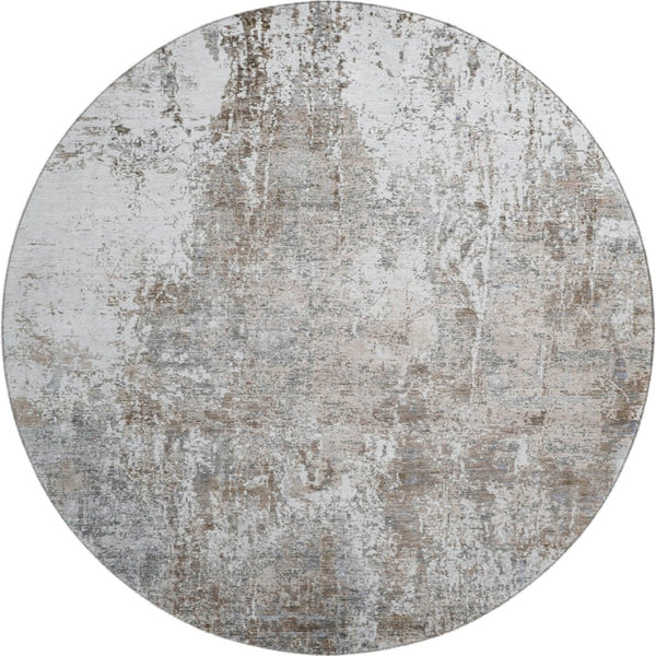 HomeRoots 8' Brown And Ivory Abstract Round Rug - Washable, Stain-Resistant, UV Protected for Active Homes 700676