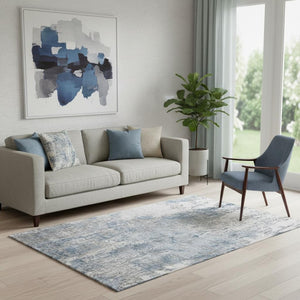 HomeRoots 5' X 8' Blue And Ivory Abstract Area Rug - Washable, UV-Protected, Stylish & Durable for High-Traffic Areas 700681