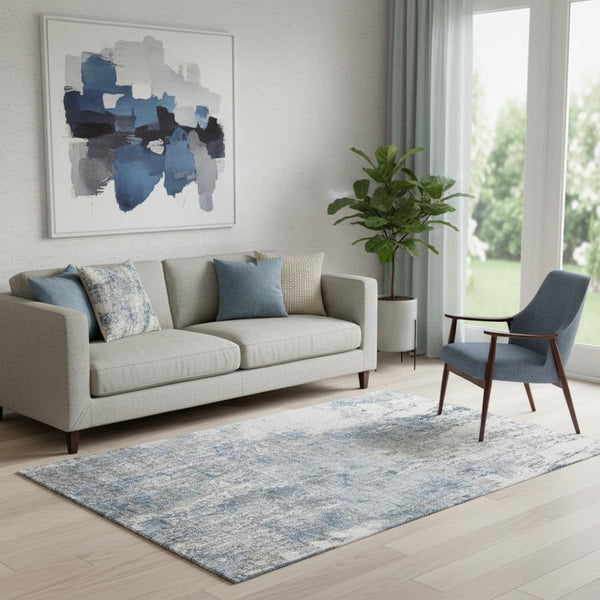 HomeRoots 5' X 8' Blue And Ivory Abstract Area Rug - Washable, UV-Protected, Stylish & Durable for High-Traffic Areas 700681