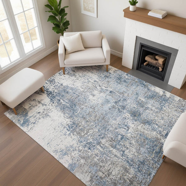 HomeRoots 5' X 8' Blue And Ivory Abstract Area Rug - Washable, UV-Protected, Stylish & Durable for High-Traffic Areas 700681