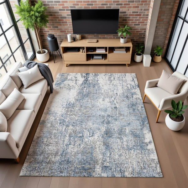 HomeRoots 5' X 8' Blue And Ivory Abstract Area Rug - Washable, UV-Protected, Stylish & Durable for High-Traffic Areas 700681