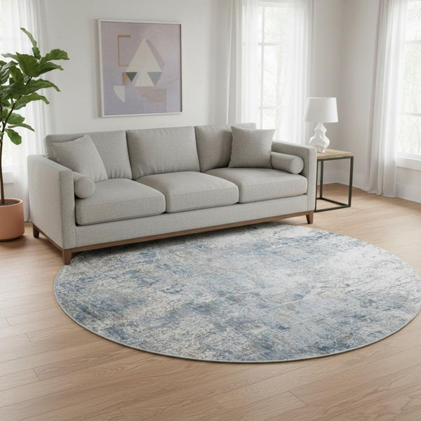 HomeRoots 8' Blue and Ivory Abstract Round Rug - Washable, UV Protected, Soft & Durable for High-Traffic Areas 700682