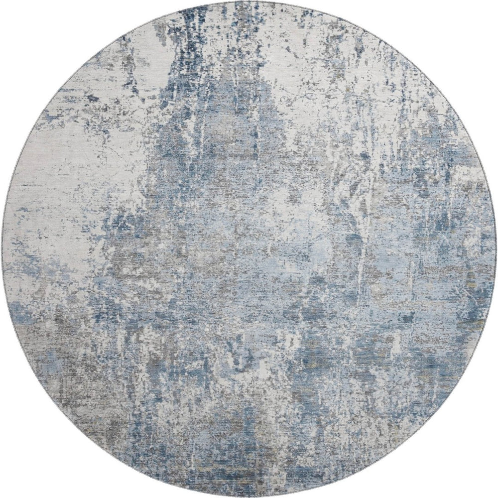 HomeRoots 8' Blue and Ivory Abstract Round Rug - Washable, UV Protected, Soft & Durable for High-Traffic Areas 700682
