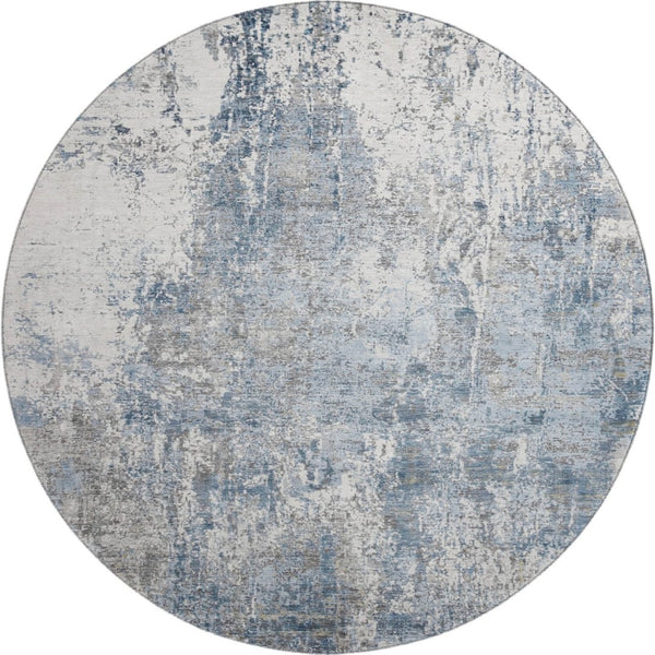 HomeRoots 8' Blue and Ivory Abstract Round Rug - Washable, UV Protected, Soft & Durable for High-Traffic Areas 700682