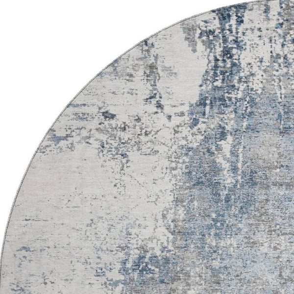 HomeRoots 8' Blue and Ivory Abstract Round Rug - Washable, UV Protected, Soft & Durable for High-Traffic Areas 700682