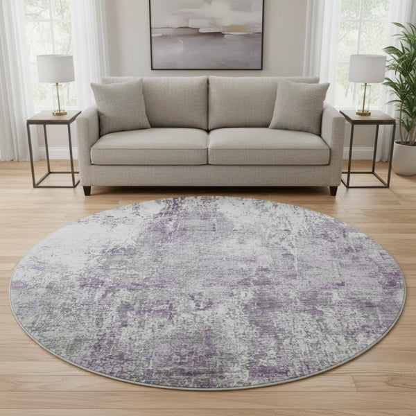 HomeRoots 8' Plum And Ivory Abstract Washable Round Rug - Durable, UV-Protected, Stain-Resistant Beauty! 700688
