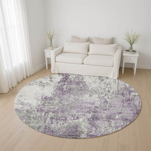 HomeRoots 8' Plum And Ivory Abstract Washable Round Rug - Durable, UV-Protected, Stain-Resistant Beauty! 700688