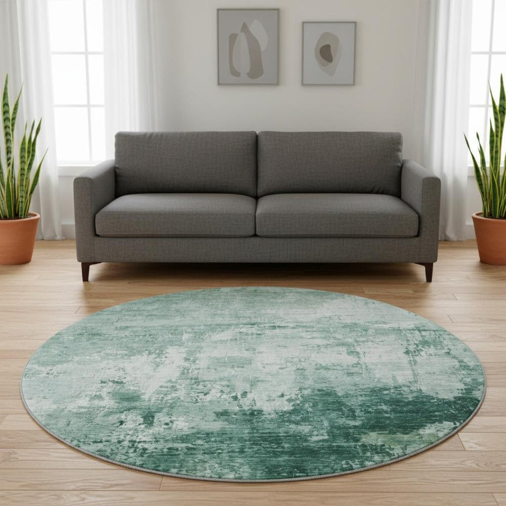 HomeRoots 8' Aqua and Ivory Abstract Round Rug - Washable, UV Protected, Non-Slip - Perfect for High-Traffic Areas! 700694