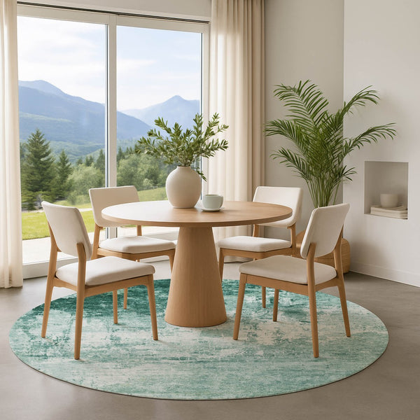 HomeRoots 8' Aqua and Ivory Abstract Round Rug - Washable, UV Protected, Non-Slip - Perfect for High-Traffic Areas! 700694