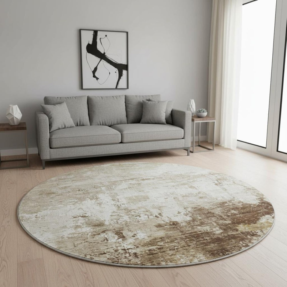 HomeRoots 8' Brown and Beige Abstract Washable Round Rug with UV Protection – Perfect for High-Traffic Areas! 700700