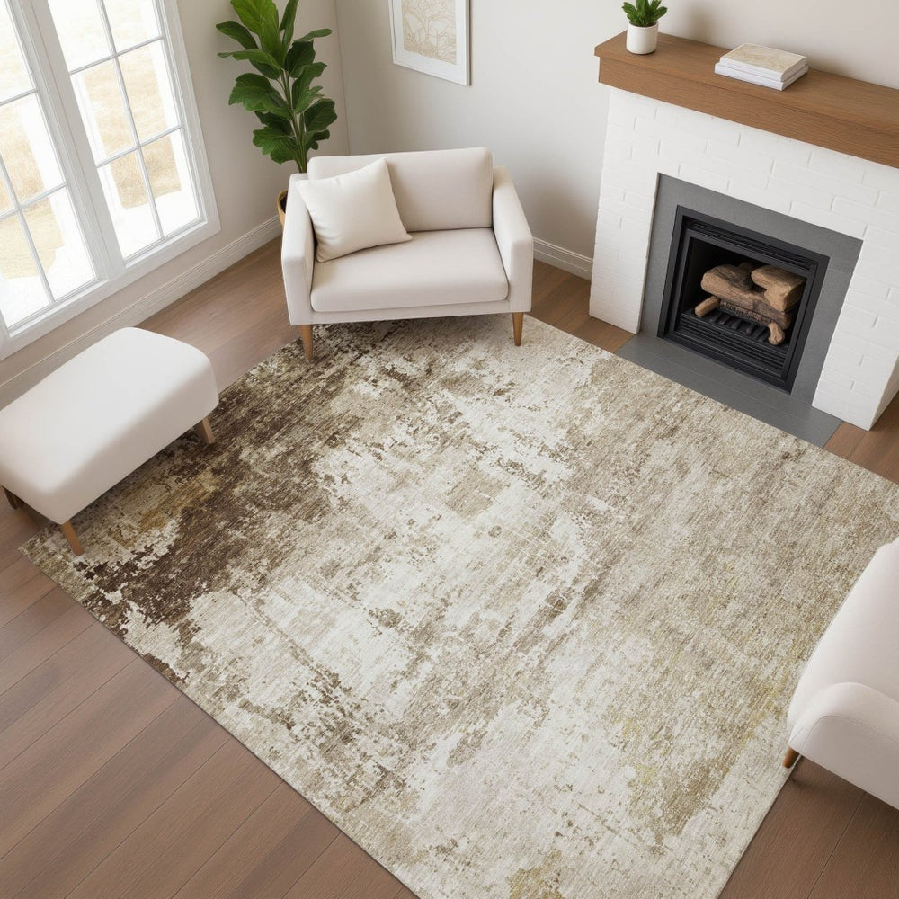 HomeRoots 9' X 12' Washable Brown And Beige Abstract Area Rug with UV Protection - Durable, Stylish & Family-Friendly! 700702