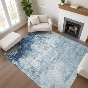 HomeRoots 5' X 8' Blue And Ivory Abstract Washable Area Rug - Durable, UV-Protected, Non-Slip for High Traffic Spaces 700705