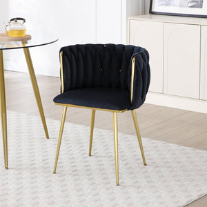 English Elm Modern Velvet Dining Chairs Set of 2 with Woven Backrest and Gold Metal Legs, Elegant Arc Design for Home Black W1117P209796