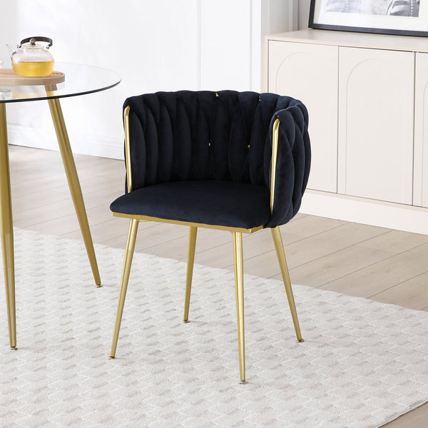English Elm Modern Velvet Dining Chairs Set of 2 with Woven Backrest and Gold Metal Legs, Elegant Arc Design for Home Black W1117P209796