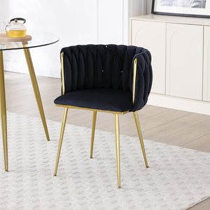 English Elm Modern Velvet Upholstered Dining Chairs Woven Back Gold Frame Set of 2 Vanity W1117P440617