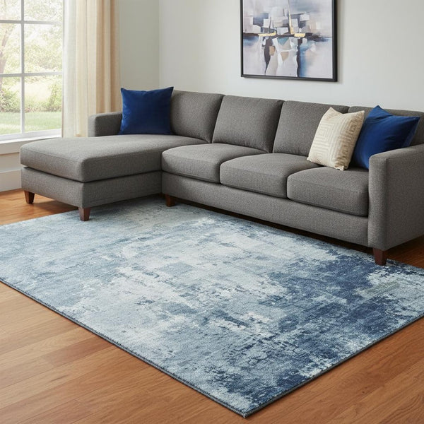 HomeRoots 8' X 10' Abstract Washable Area Rug in Blue & Ivory – UV Protected, Stylish, Durable for High-Traffic Areas 700707