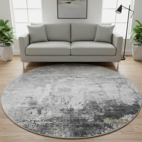 HomeRoots 8' Gray and Silver Abstract Round Rug – Washable, UV-Protected, Durable for High-Traffic Spaces 700712