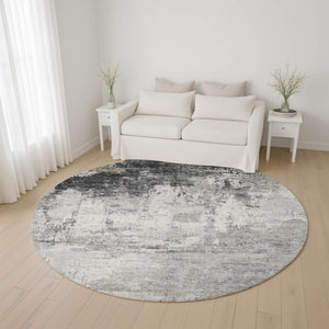 HomeRoots 8' Gray and Silver Abstract Round Rug – Washable, UV-Protected, Durable for High-Traffic Spaces 700712