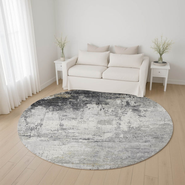 HomeRoots 8' Gray and Silver Abstract Round Rug – Washable, UV-Protected, Durable for High-Traffic Spaces 700712