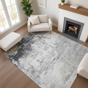 HomeRoots 9' X 12' Contemporary Gray and Silver Abstract Washable Area Rug with UV Protection for Homes 700714
