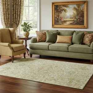HomeRoots 5' X 8' Beige And Gold Oriental Area Rug - Washable, UV Protected, Stain-Resistant for High Traffic Homes 700729