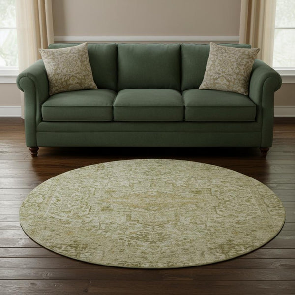 HomeRoots 8' Beige and Gold Oriental Round Rug - Washable, Stain-Resistant, UV Protected for Everyday Elegance 700730