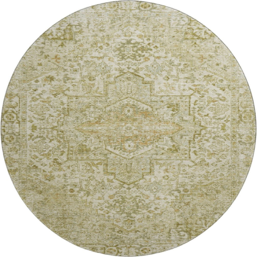 HomeRoots 8' Beige and Gold Oriental Round Rug - Washable, Stain-Resistant, UV Protected for Everyday Elegance 700730