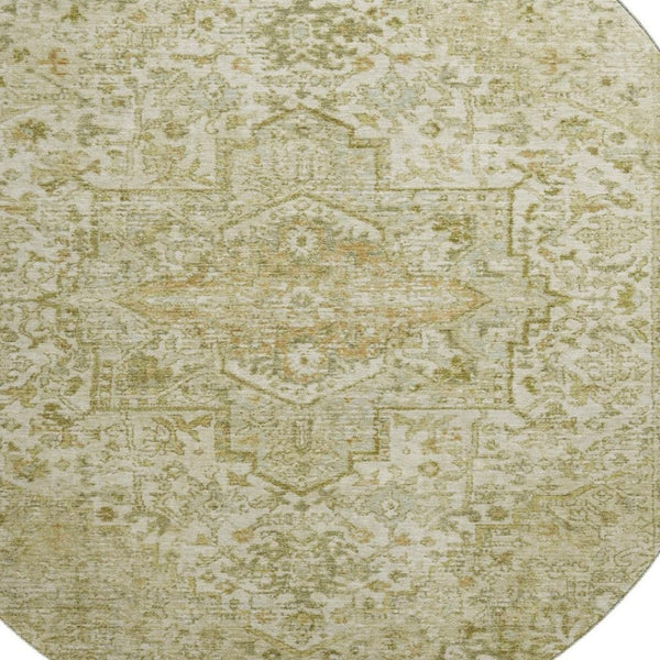 HomeRoots 8' Beige and Gold Oriental Round Rug - Washable, Stain-Resistant, UV Protected for Everyday Elegance 700730