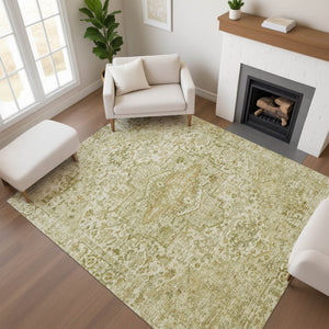 HomeRoots 8' X 10' Washable Beige and Gold Oriental Area Rug - Durable, Stain-Resistant, UV Protected Elegance 700731