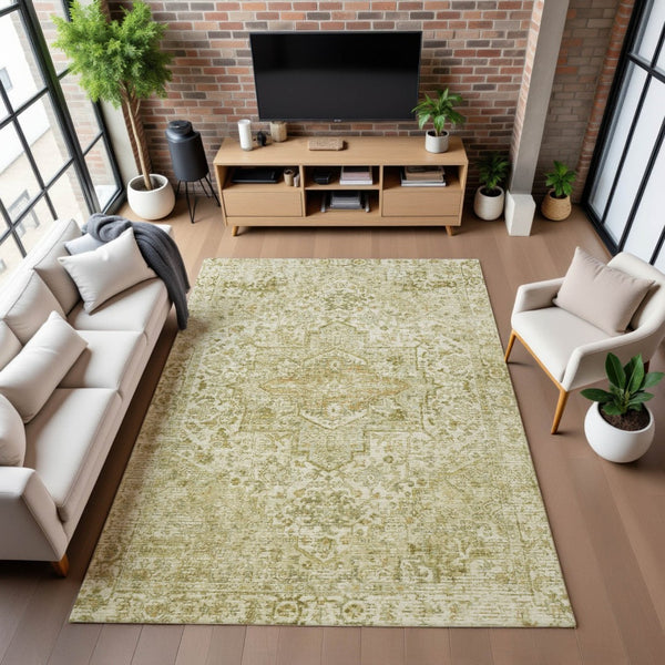 HomeRoots 8' X 10' Washable Beige and Gold Oriental Area Rug - Durable, Stain-Resistant, UV Protected Elegance 700731