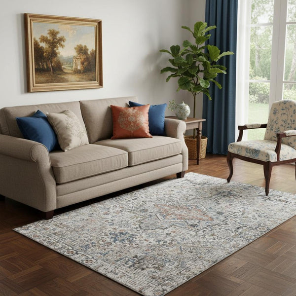 HomeRoots 5' X 8' Ivory And Blue Oriental Area Rug - Washable, Stain Resistant, UV Protected for Easy Care 700735