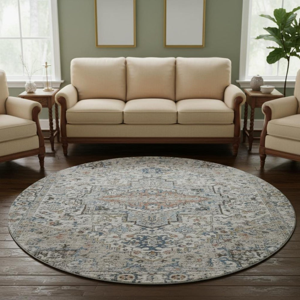 HomeRoots 8' Ivory and Blue Oriental Round Rug - Washable, UV-Protected, Soft, Stylish for Any Home Decor 700736